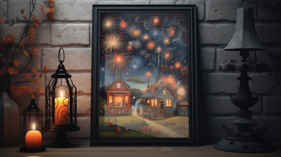 Suburban Neighborhood Fireworks Night New Year Celebration Poster
