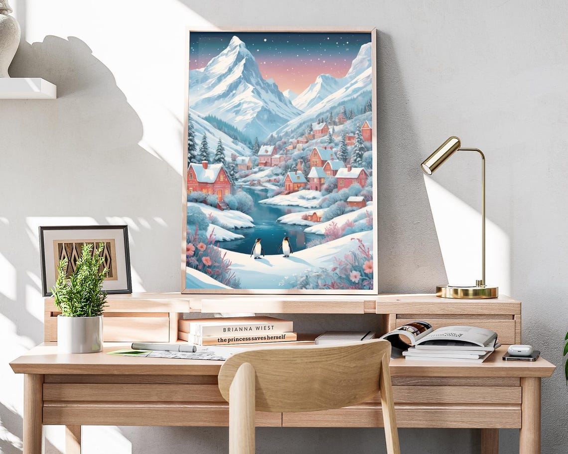 Pastel Winter Village With Penguins Snowy Mountain Art Poster - Image 4