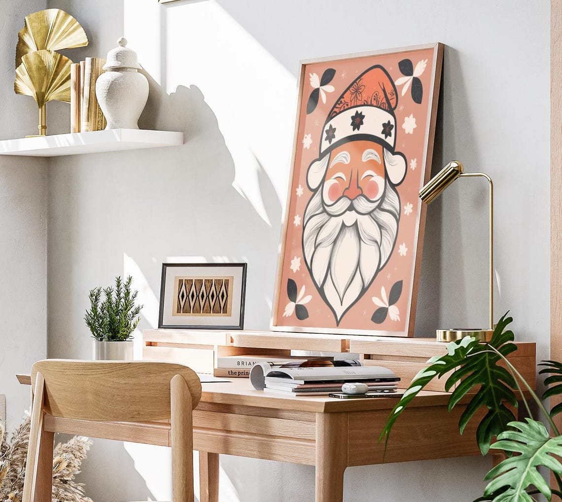 Boho Santa Face Portrait Floral Hat Christmas Holiday Art Poster - Image 3
