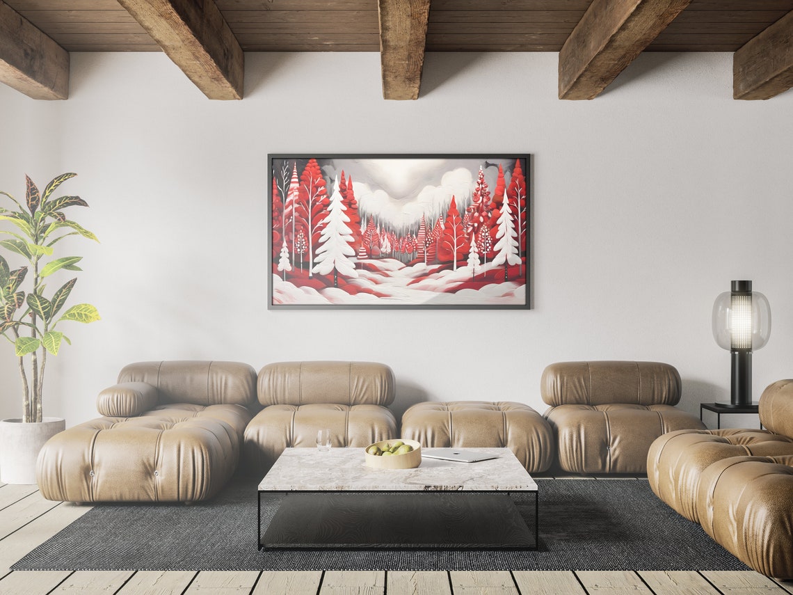 Folk Art Red White Winter Forest Snowy Trees Landscape Poster - Image 3