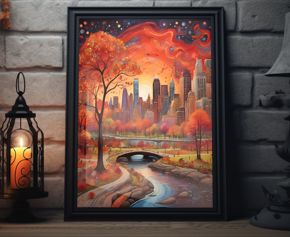 New York Central Park Autumn Stream Sunset Red Sky Skyline Art Poster