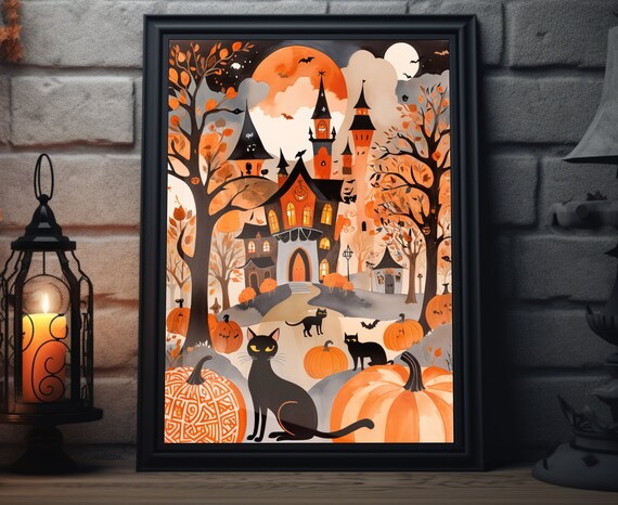 Halloween Black Cats Haunted House Hill Pumpkins Moon Poster