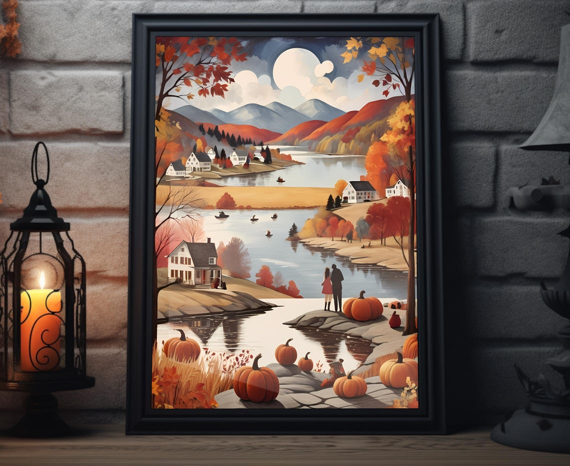 Fall Lake Sunset Mountains Village Pumpkins Lakeside View Poster