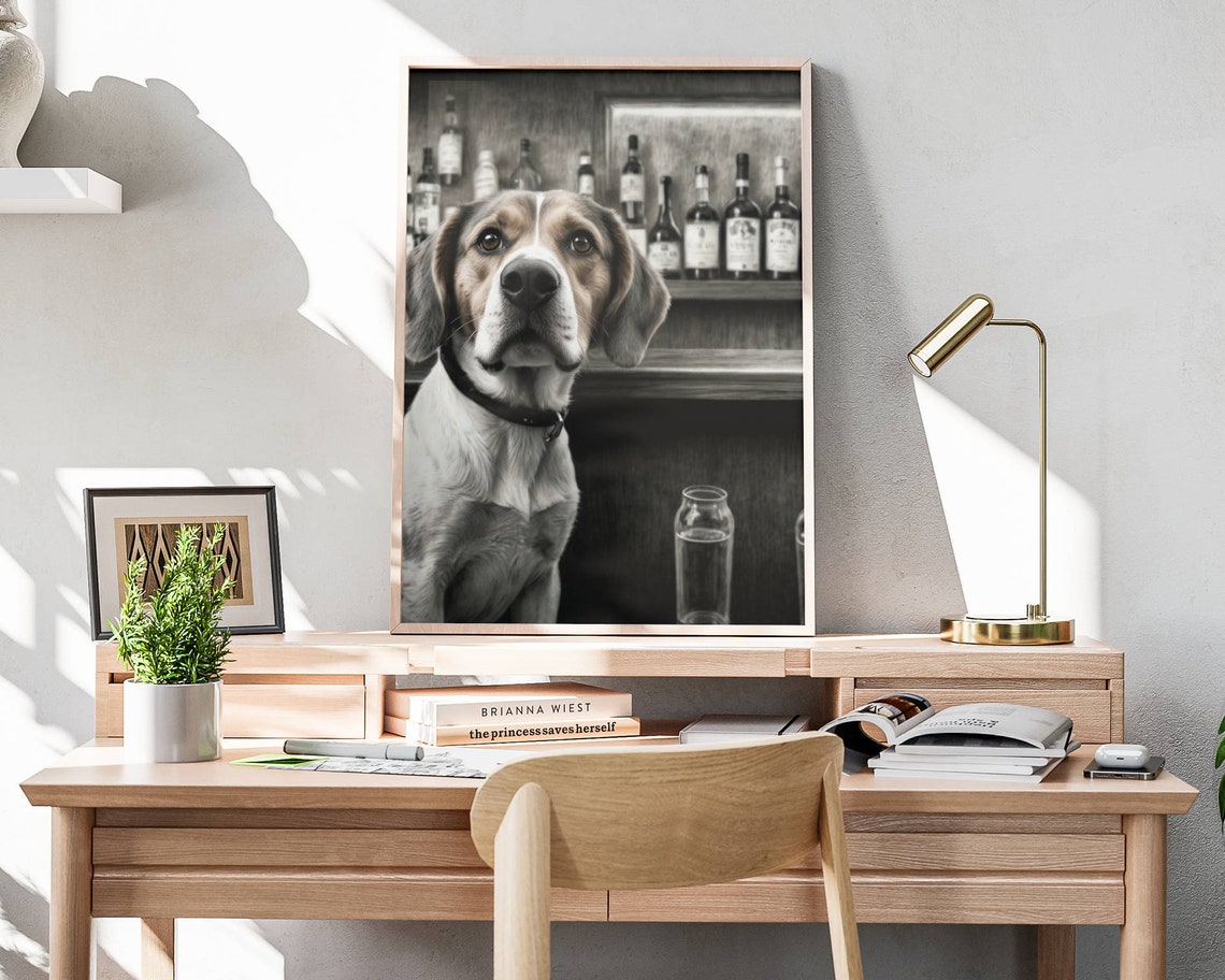 Beagle Dog Close Up Portrait At Bar Counter Black White Poster - Image 4