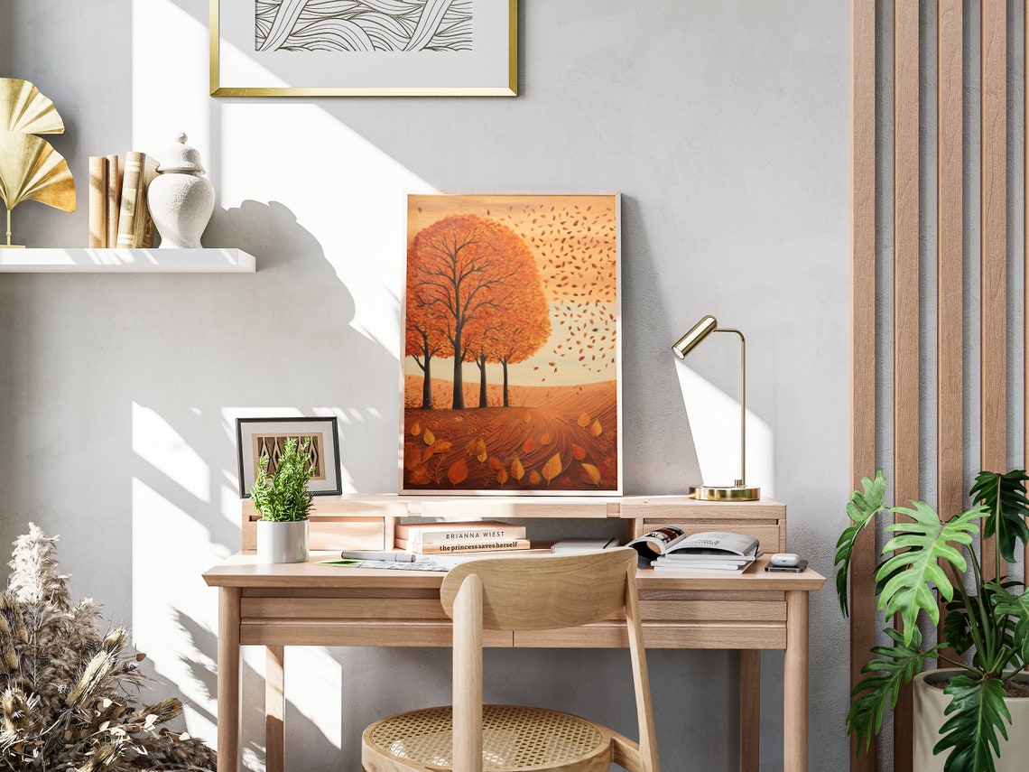 Golden Orange Autumn Trees Falling Leaves Hill Fall Art Poster - Image 4
