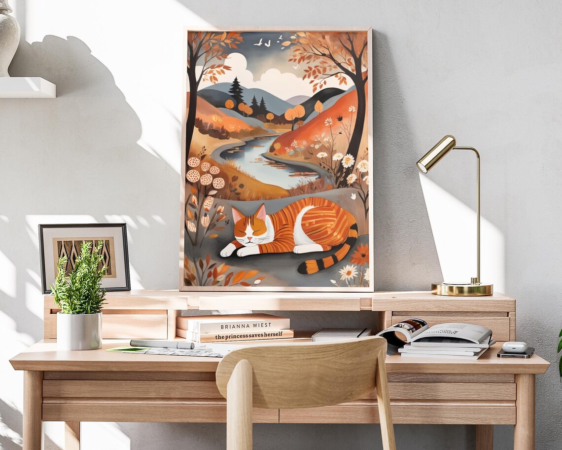 Sleeping Orange Tabby Cat Autumn River Valley Mountains Folk Art Poster - Image 4