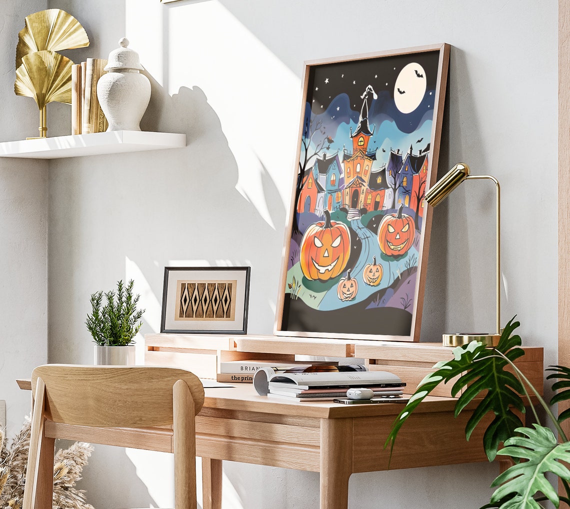 Haunted House And Pumpkins Halloween Moonlight Night Art Poster - Image 3