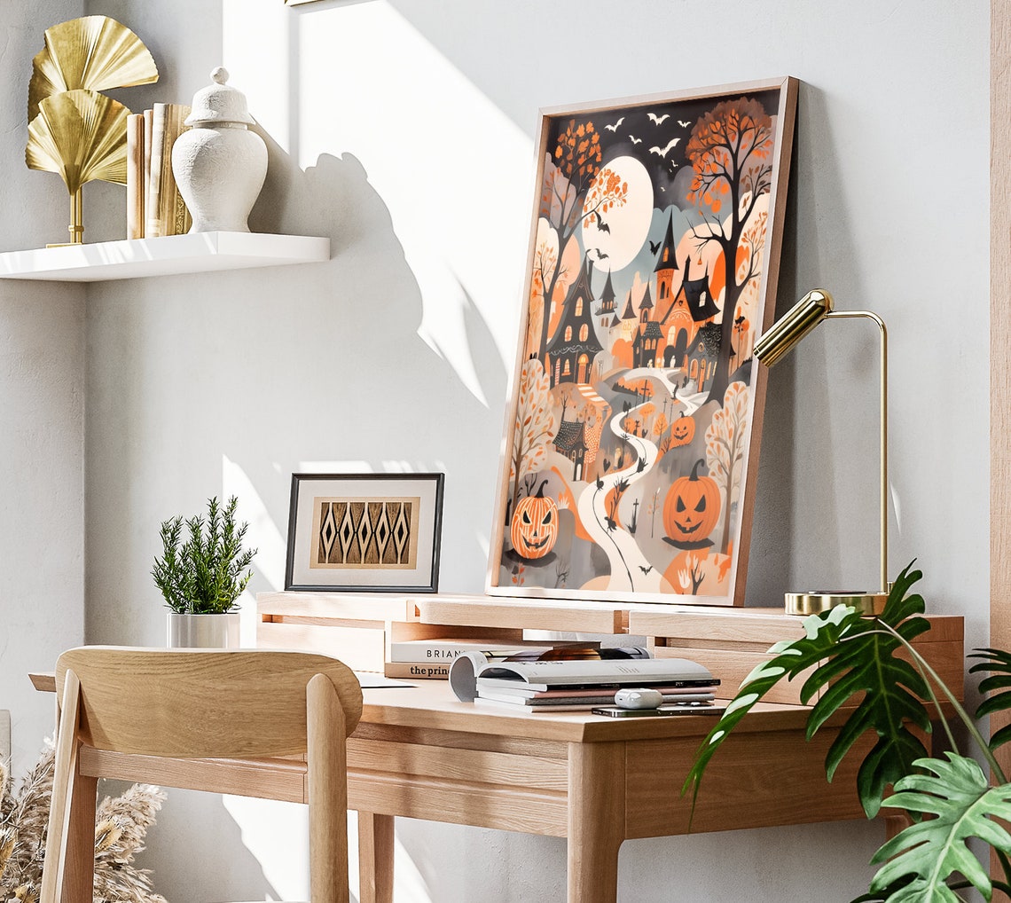 Spooky Halloween Town Crooked Houses Jack O Lanterns Moon Poster - Image 3