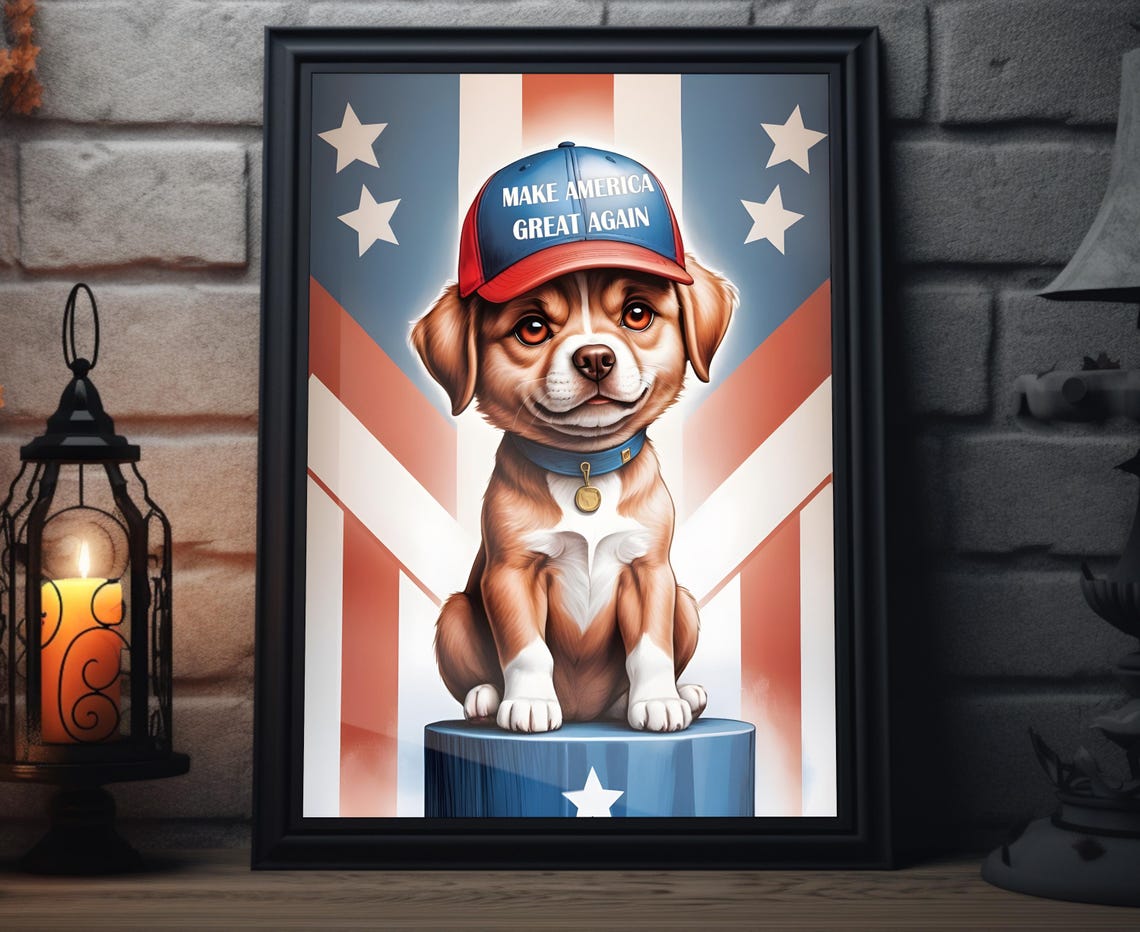 MAGA Puppy Caricature Red Blue Cap American Flag Cute Dog Poster