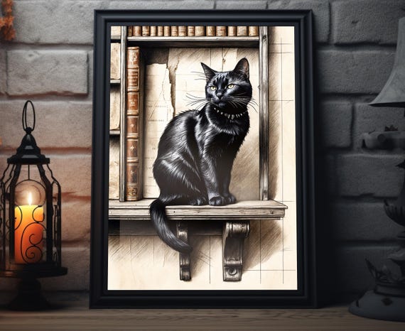 Black Cat Sketch Art Print Vintage Library Decor Cat Illustration Wall Art Book Lover Artwork Cozy Shelf Decor For Home And Study