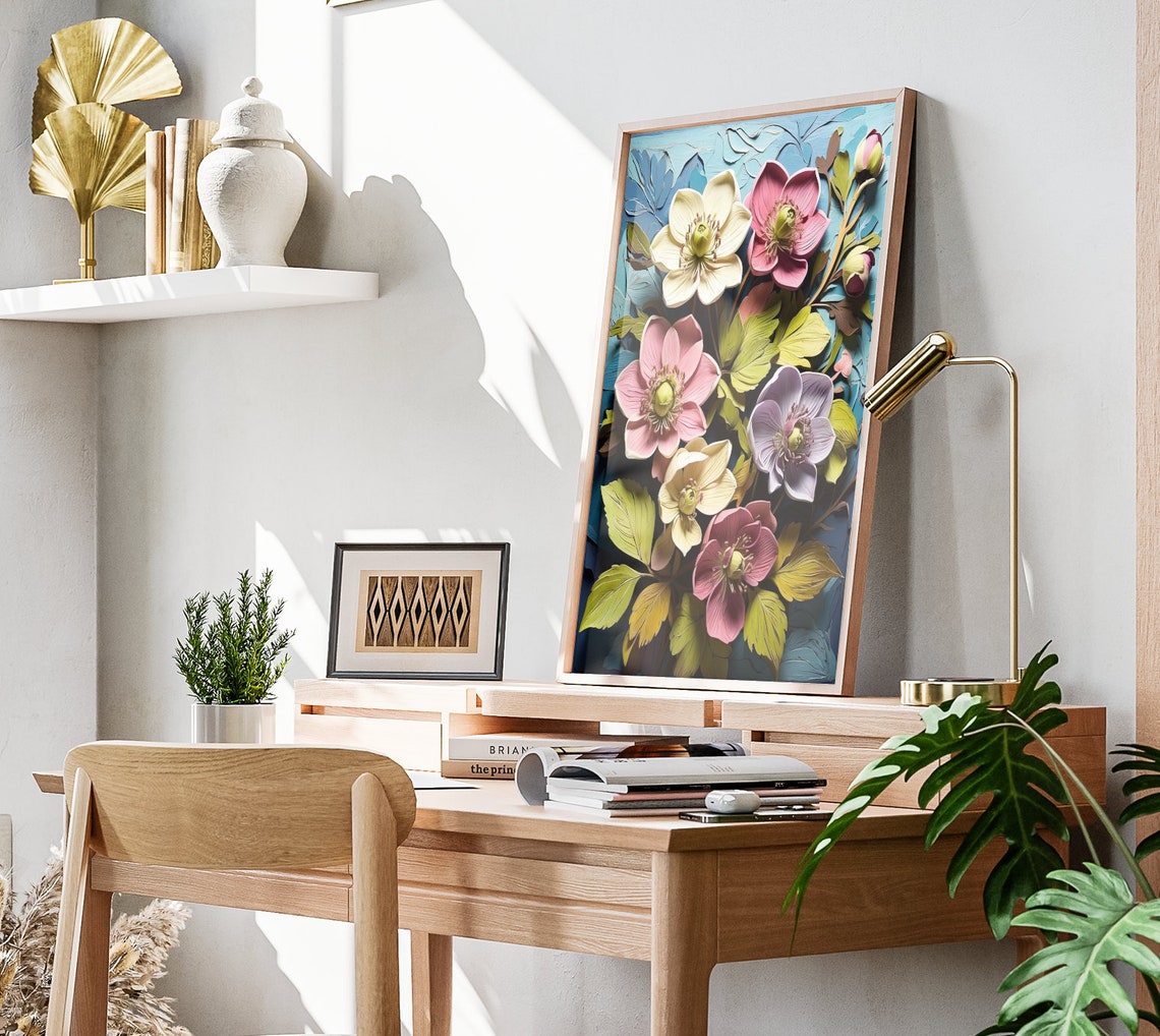 Hellebore Blooms Sculpted 3D Spring Flowers Pastel Art Poster - Image 3