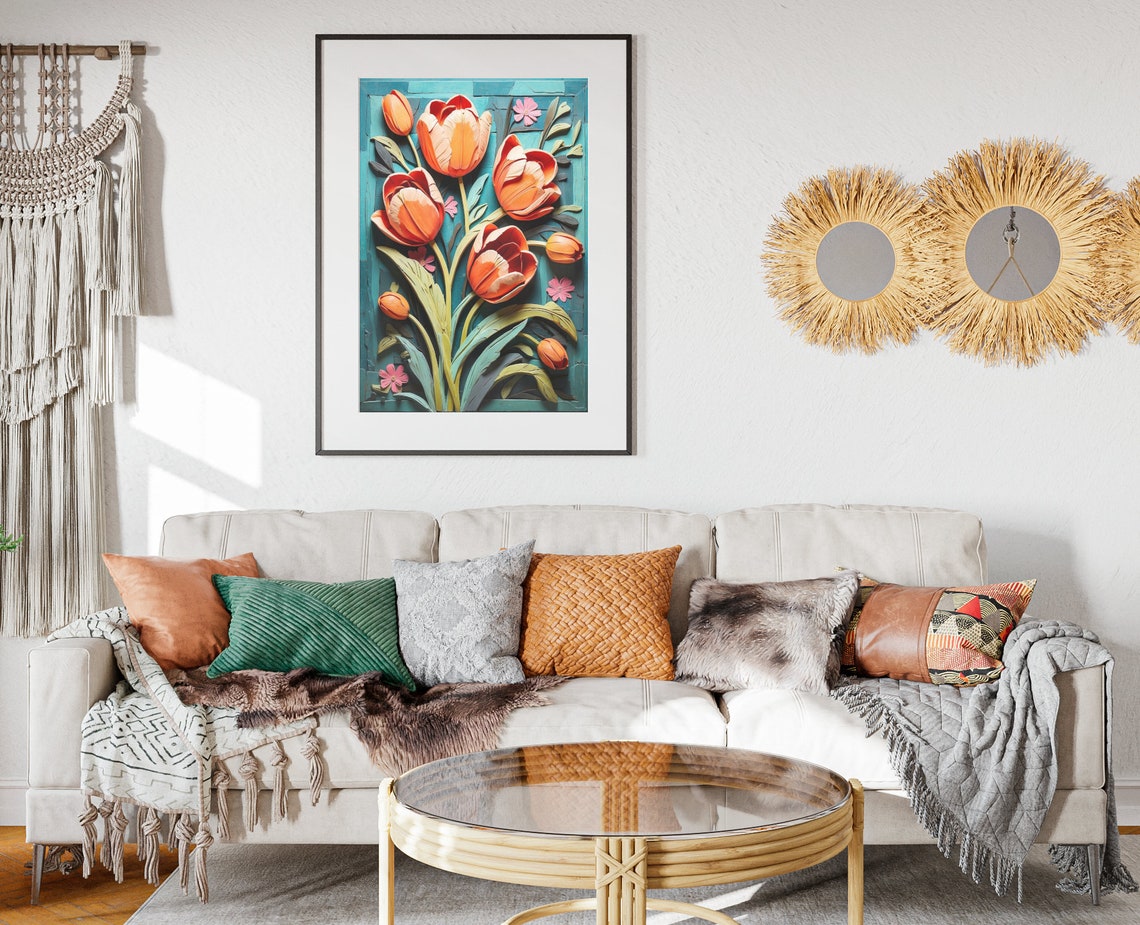 Orange Tulip Sculpted 3D Flowers Teal Spring Botanical Art Poster - Image 2