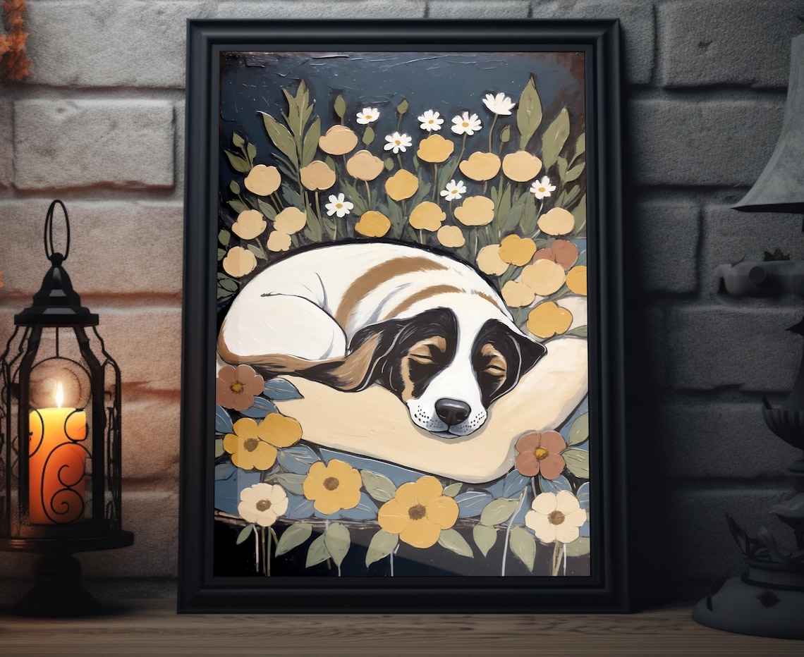 Sleeping Dog Floral Night Art Cozy Puppy Yellow Flowers Poster