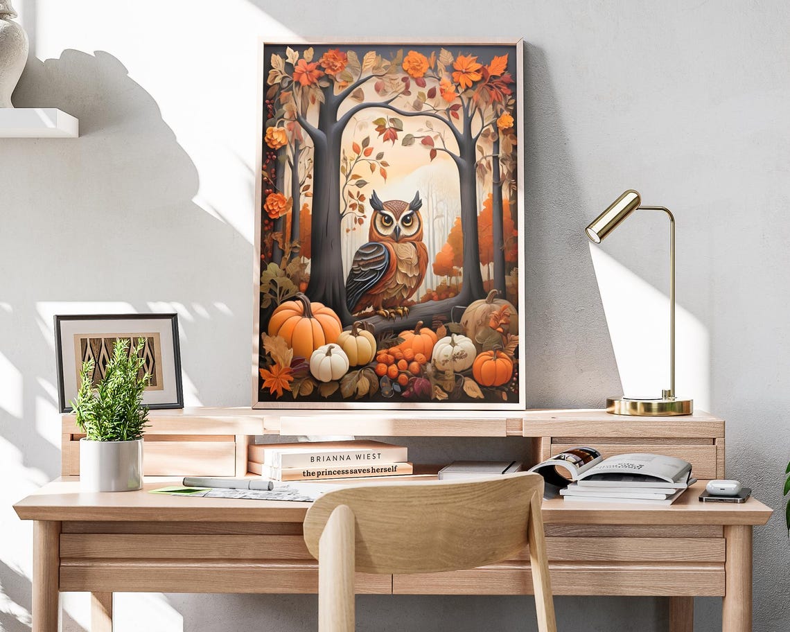 Great Horned Owl In Autumn Forest Pumpkins Fall Foliage Art Poster - Image 4