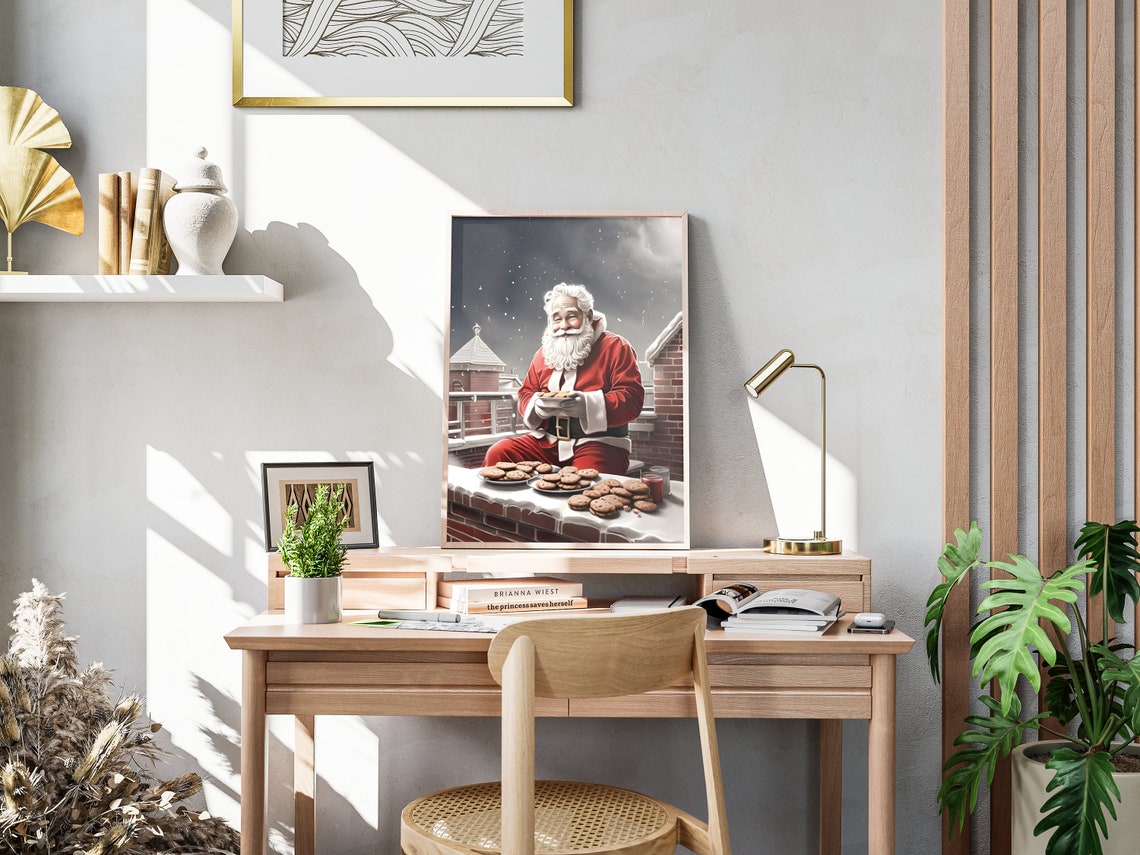 Santa Milk Cookies Rooftop Christmas Eve Vintage Night Poster - Image 4