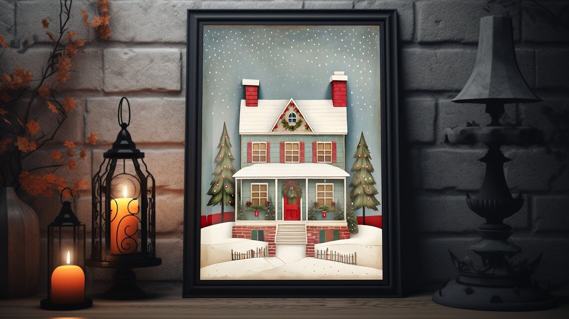 Christmas House With Red Door Snowy Night Cozy Holiday Art Poster