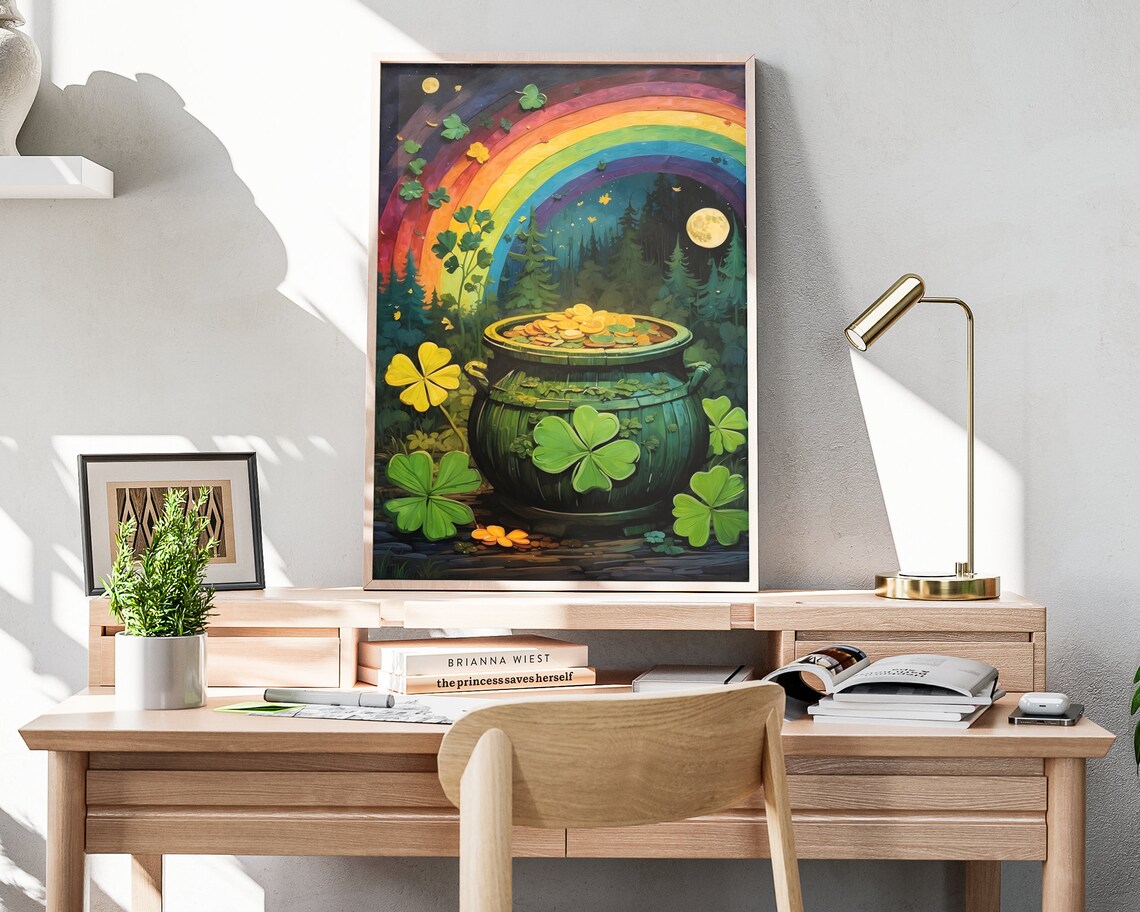 St Patricks Day Pot Of Gold Shamrock Rainbow Night Forest Folk Art Poster - Image 4