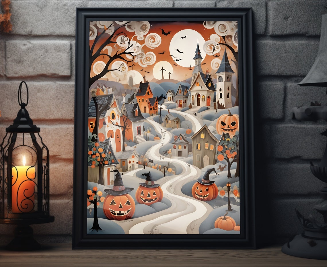 Halloween Pumpkin Town Witch Hats Haunted Houses Night Poster