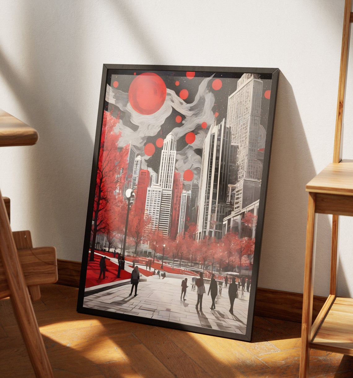 Chicago Downtown Autumn Trees Red Sky Starry Dusk Skyline Art Poster - Image 4