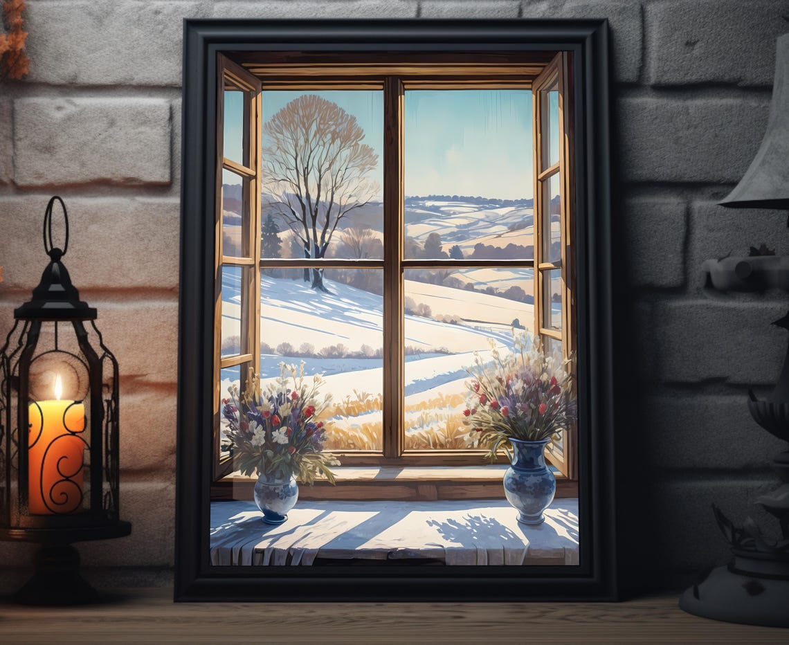 Snowy Rolling Hills Through Open Window Winter Scene Art Poster
