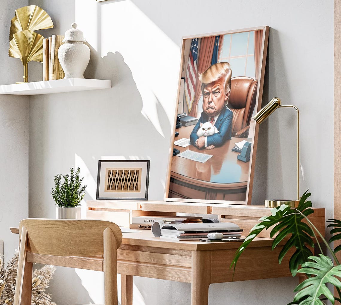 Donald Trump Caricature With White Cat Oval Office Art Poster - Image 3
