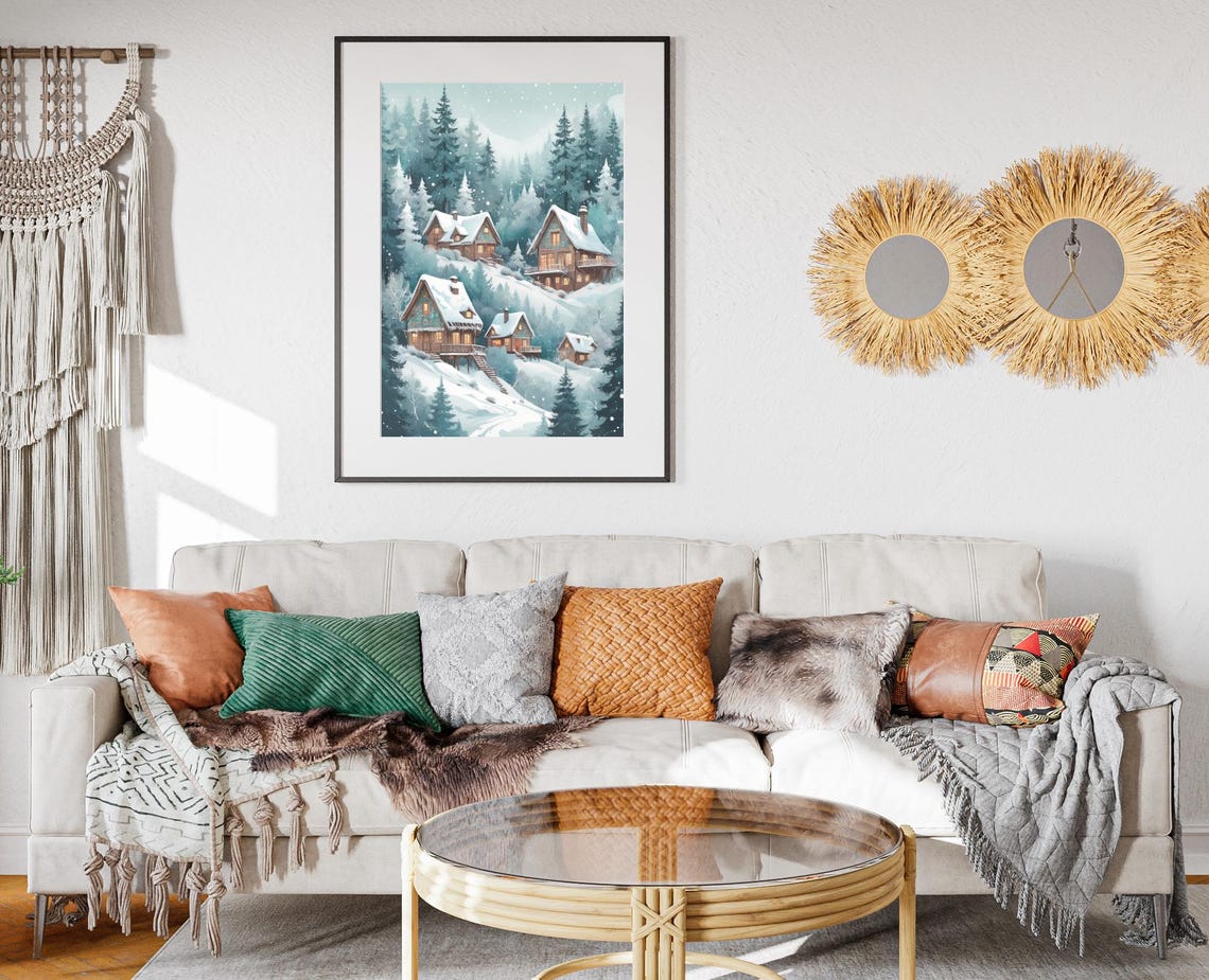 Snowy Mountain Cabins Forest Winter Wonderland Rustic Wall Poster - Image 2