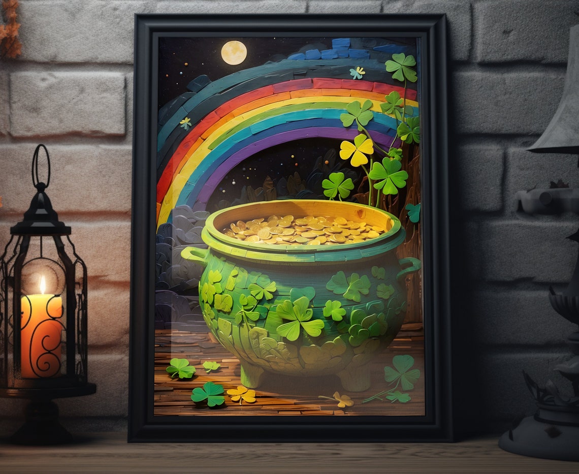 St Patricks Day Shamrock Pot Of Gold Rainbow Moonlit Night Poster