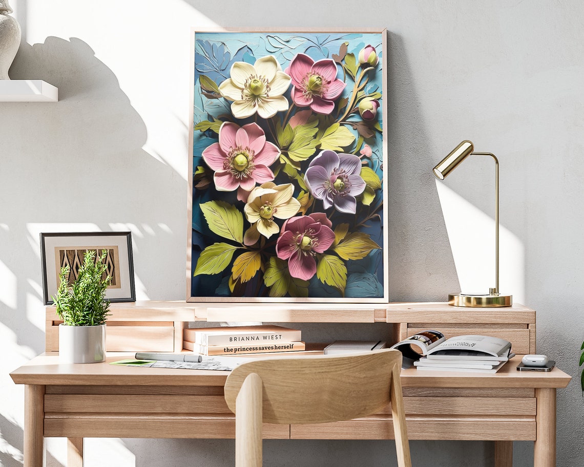 Hellebore Blooms Sculpted 3D Spring Flowers Pastel Art Poster - Image 4