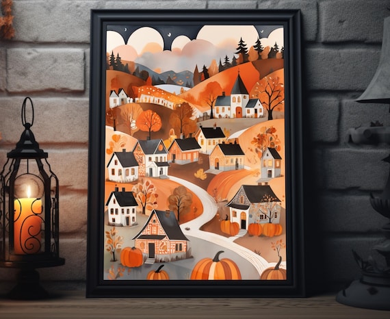 Autumn Hillside Town Church Pumpkins Winding Road Fall Folk Art Poster