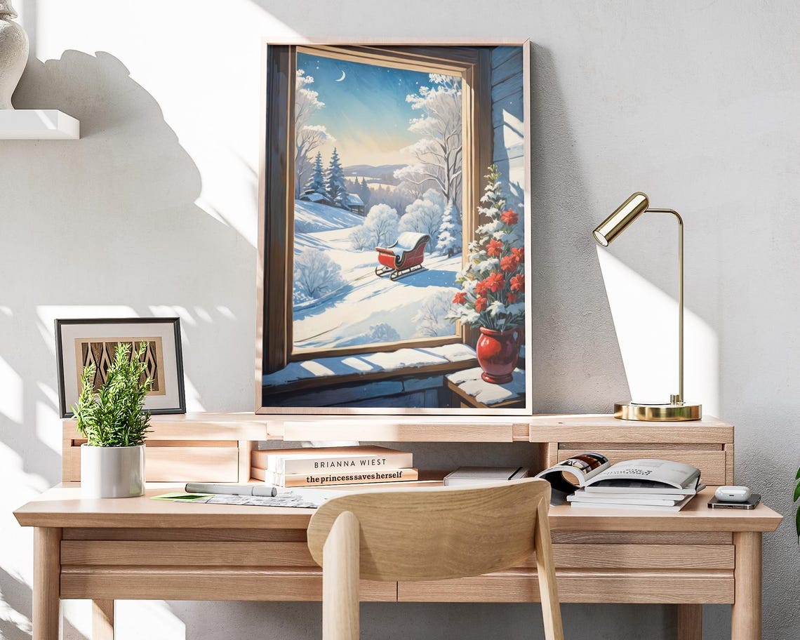 Red Sleigh In Snow Seen Through Rustic Window Winter Art Poster - Image 4