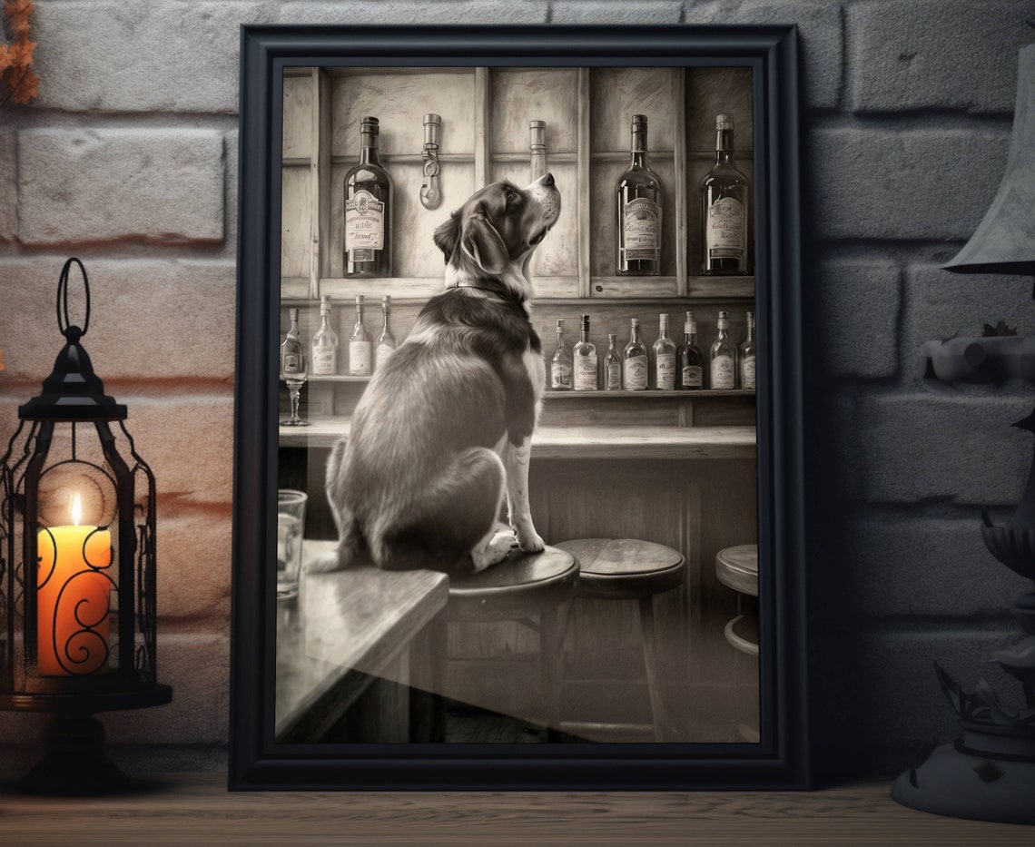 Beagle Sitting On Bar Stool Looking At Bottles Black White Poster