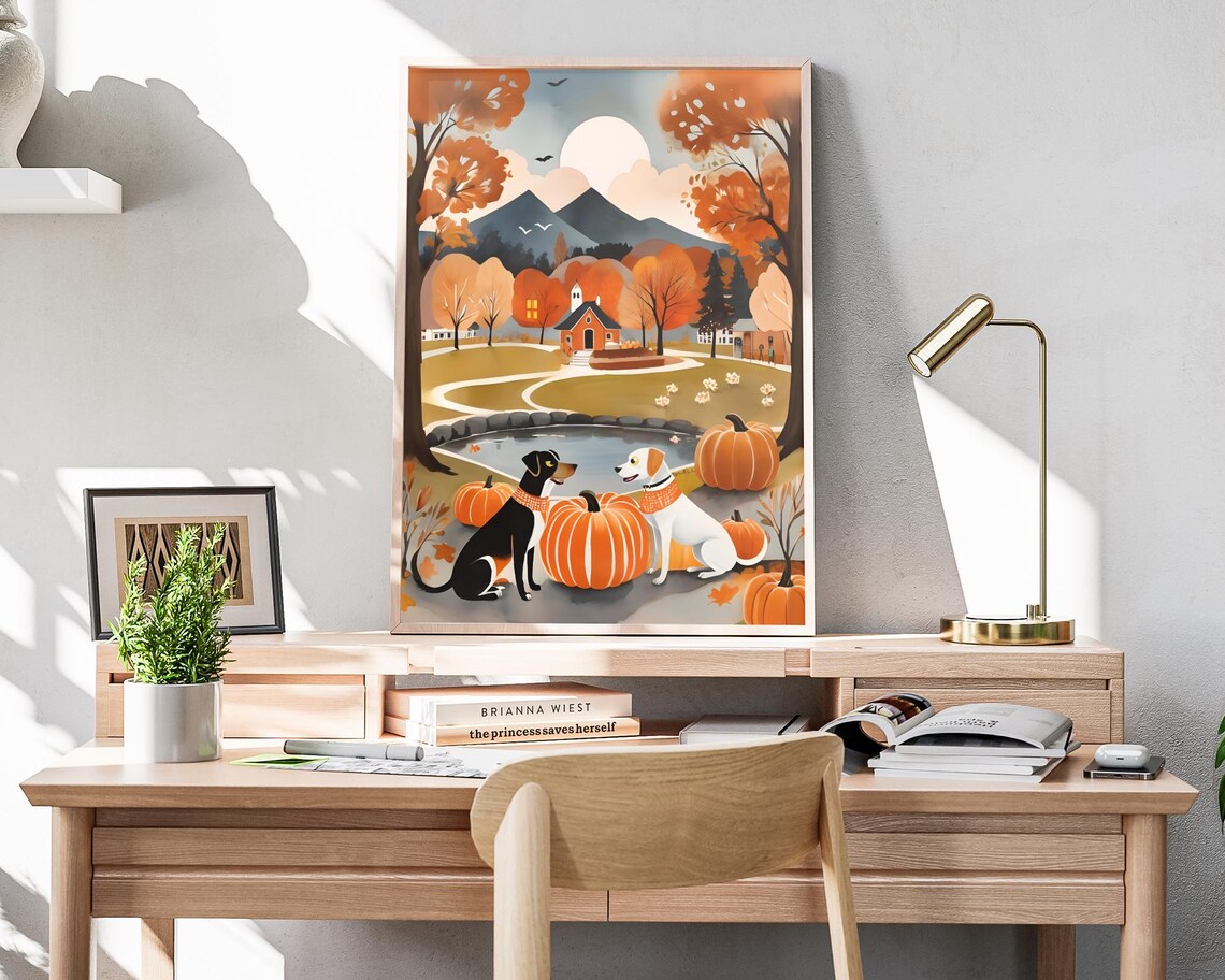 Two Dogs Harvest Pumpkins Autumn Village Pond Folk Art Poster - Image 4