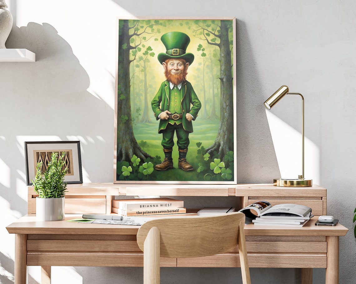 Cheerful Leprechaun Shamrock Forest St Patricks Day Folk Art Poster - Image 4