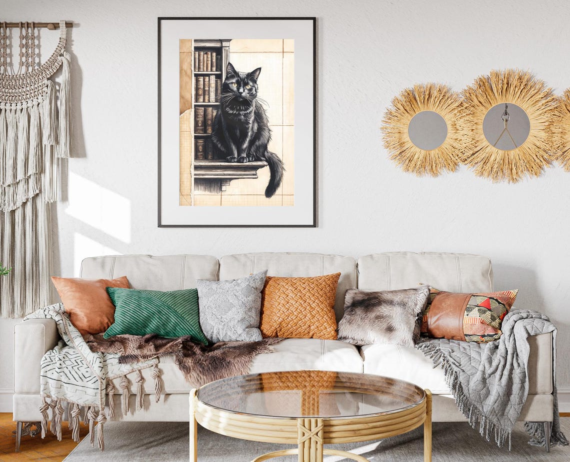 Black Cat Sitting On Vintage Library Bookshelf Sketch Art Poster - Image 2