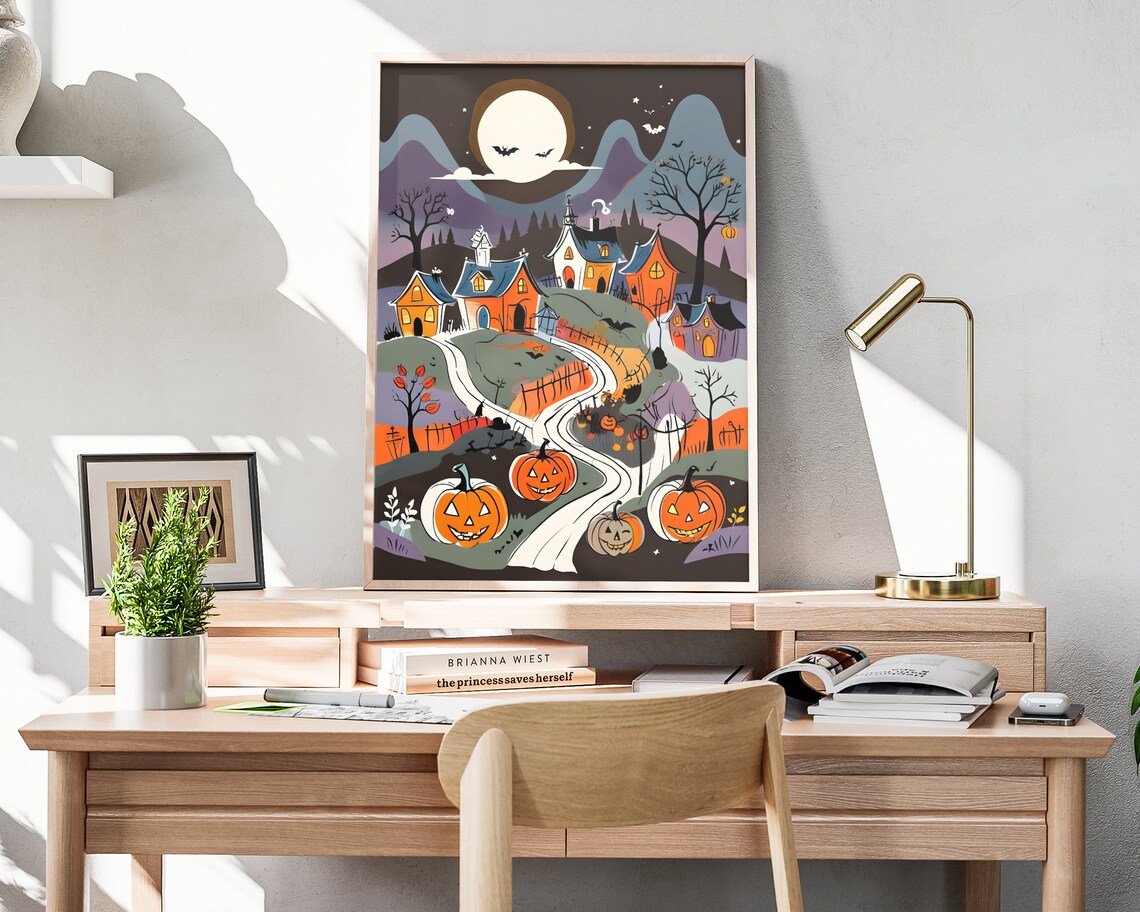 Halloween Pumpkin Village Moonlit Night Bats Folk Art Poster - Image 4