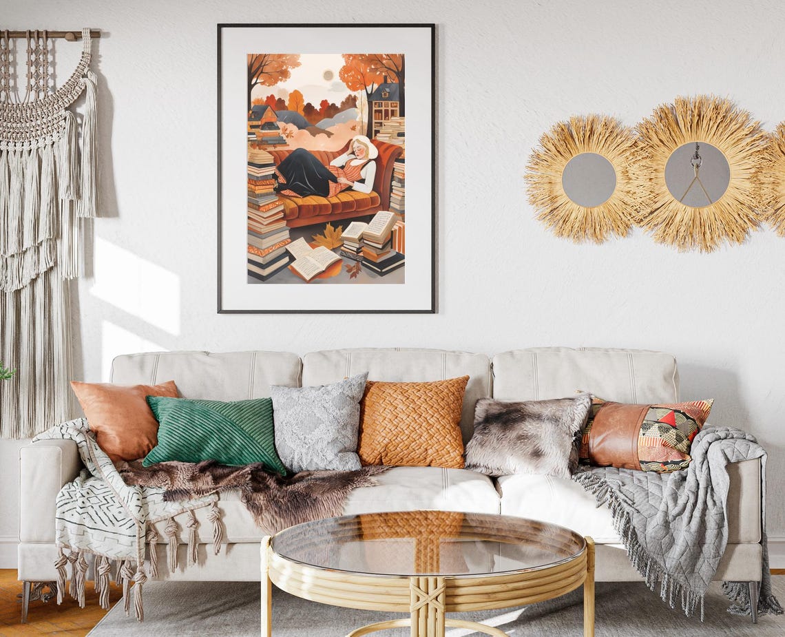 Woman Napping Books Sofa Autumn Houses Cozy Reading Art Poster - Image 2