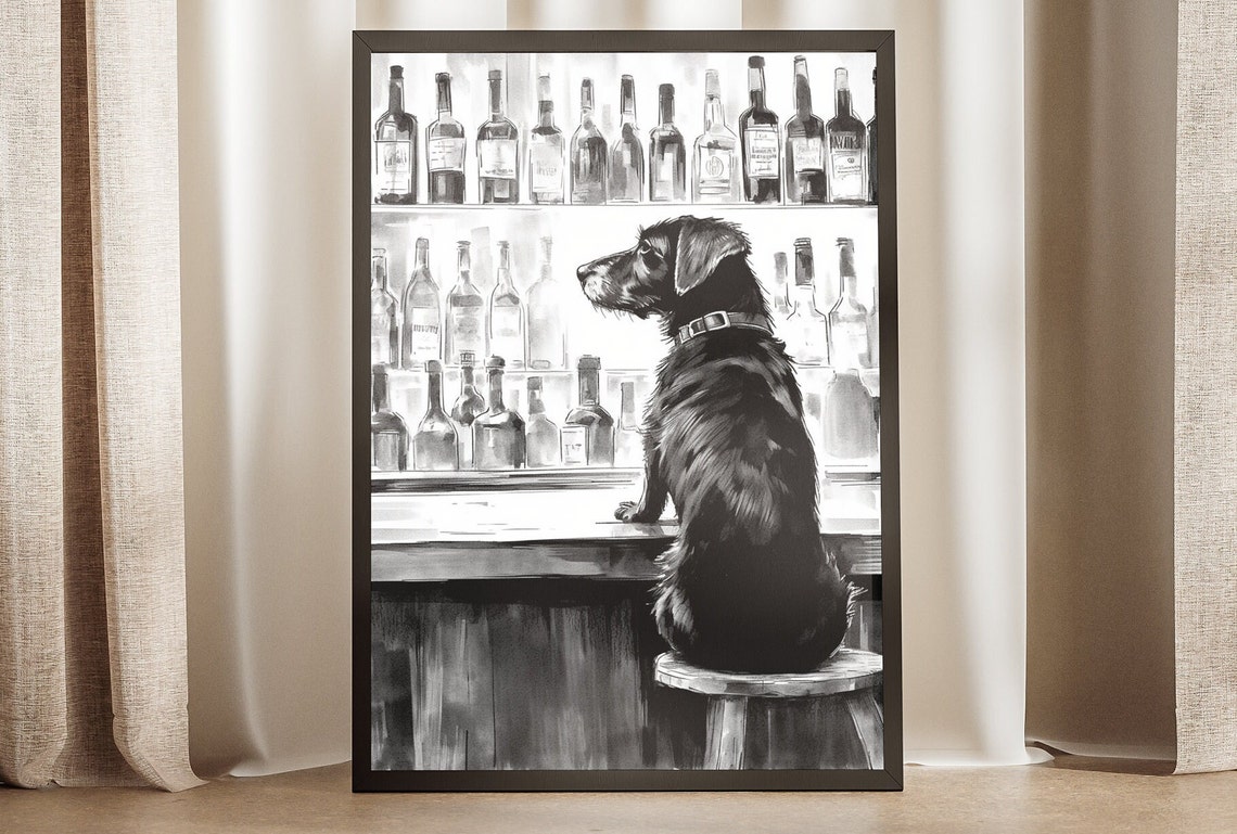 Black and White Dog Sitting at the Bar Sketch Art Funny Poster
