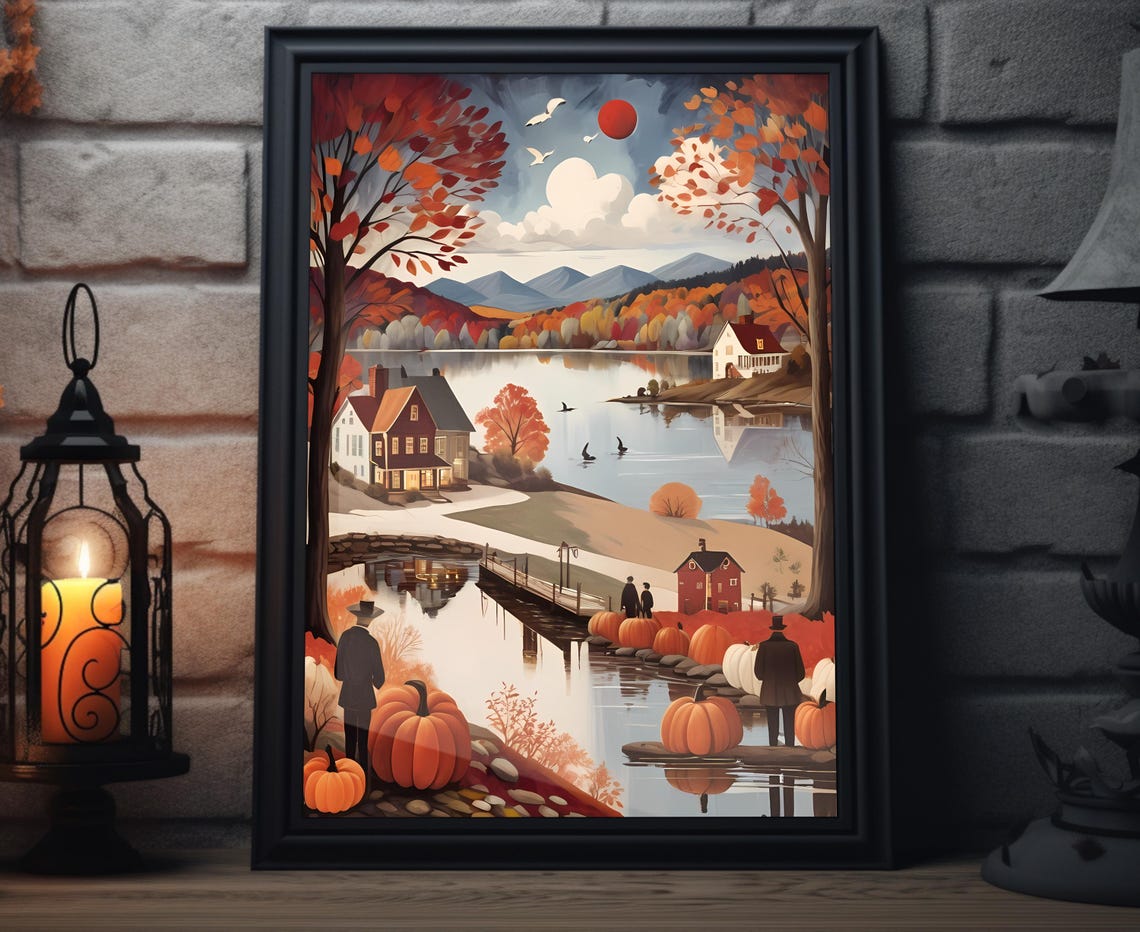 Autumn Lake Red Sun Mountains Geese Houses Pumpkins Dock Scene Poster