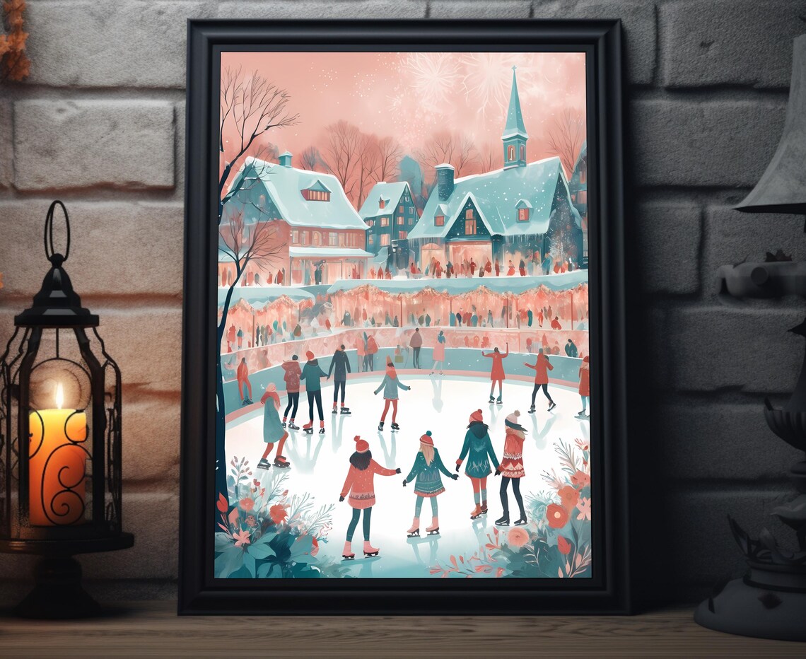 Ice Skating Winter Village Outdoor Rink Festive Holiday Poster