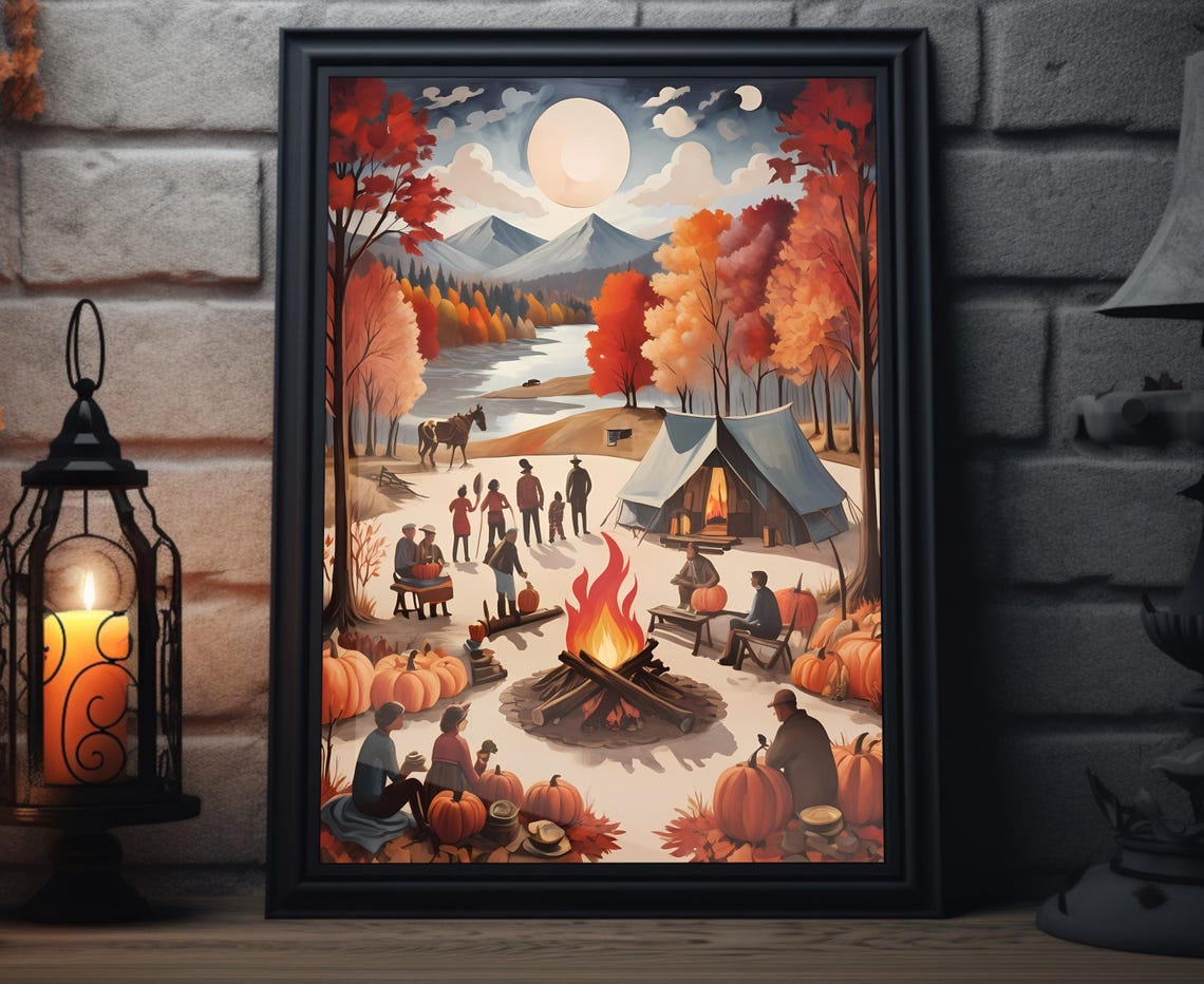 Autumn Campfire Moonlit Night Pumpkins Tents Outdoor Scene Poster