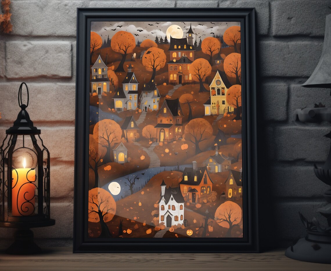 Scenic Halloween Folk Art Print, Vintage Fall Pumpkin