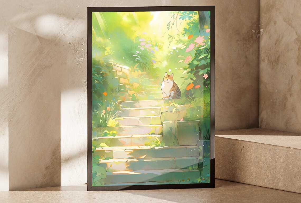 Cat Sunlit Garden Stairs Watercolor Flower Path Peaceful Kitty Wall Poster