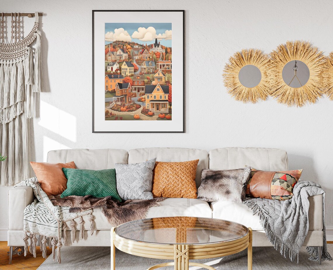 Fall Town Folk Art, Autumn Pumpkin Poster Print - Image 2