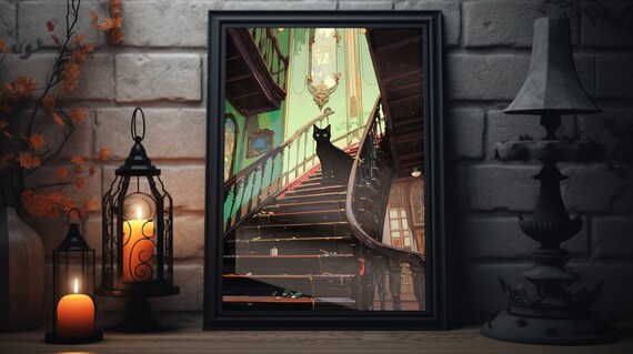 Elegant Black Cat on Grand Mansion Staircase Halloween Mystery Poster