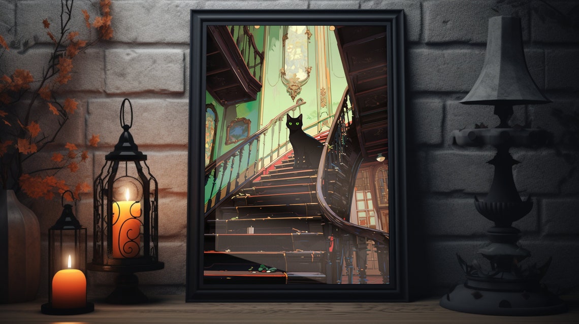 Elegant Black Cat on Grand Mansion Staircase Halloween Mystery Poster