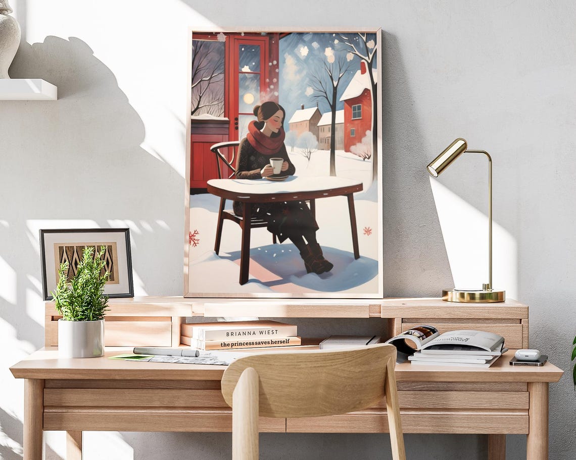 Woman Drinking Coffee Red Scarf Snowy Cafe Winter Scene Poster - Image 4