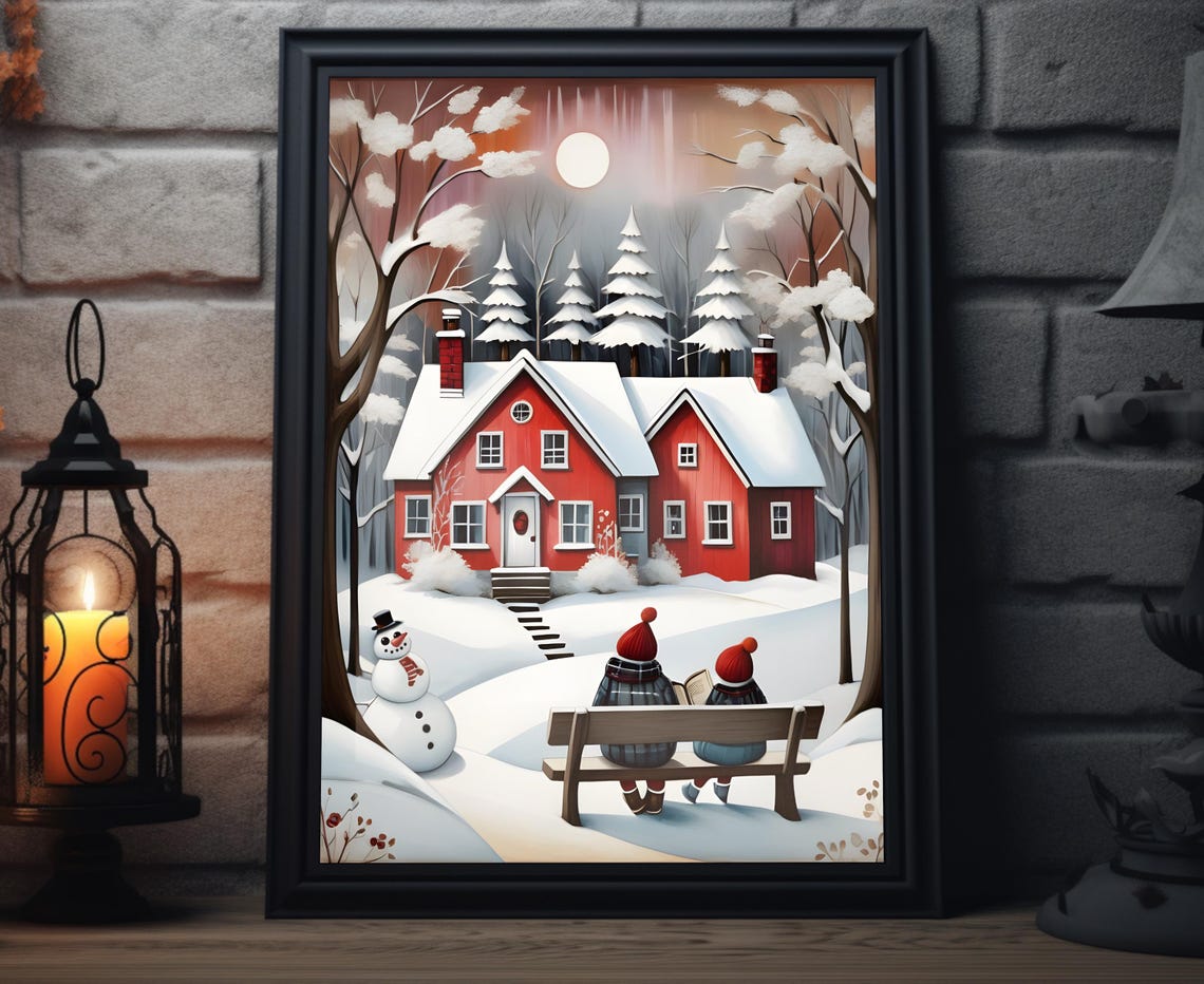 Christmas Home Children Reading Snowman Red House Winter Scene Poster