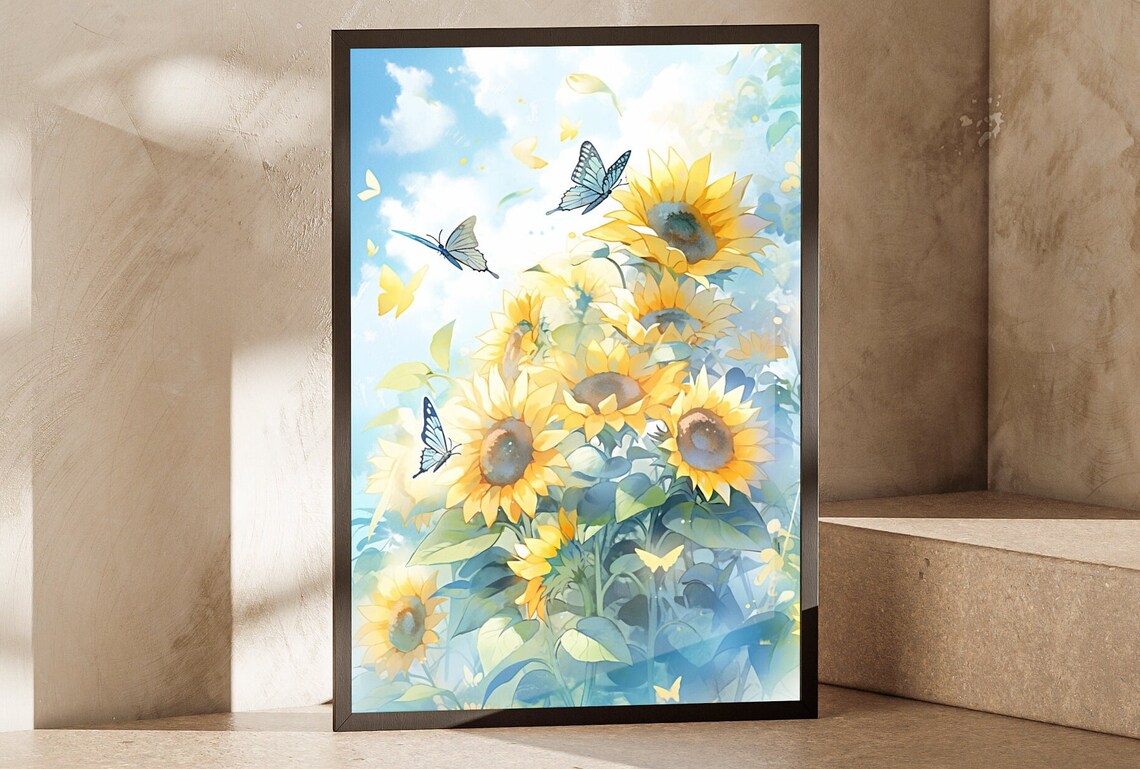 Sunflowers Blue Butterflies Watercolor Pale Sky Bright Floral Meadow Poster