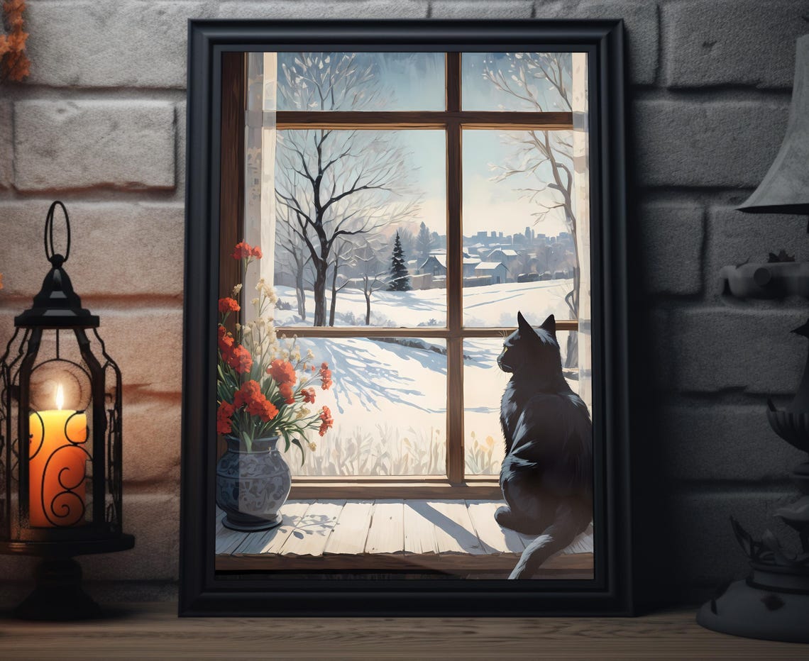 Black Cat Watching Snowy Landscape From Cozy Window Art Poster