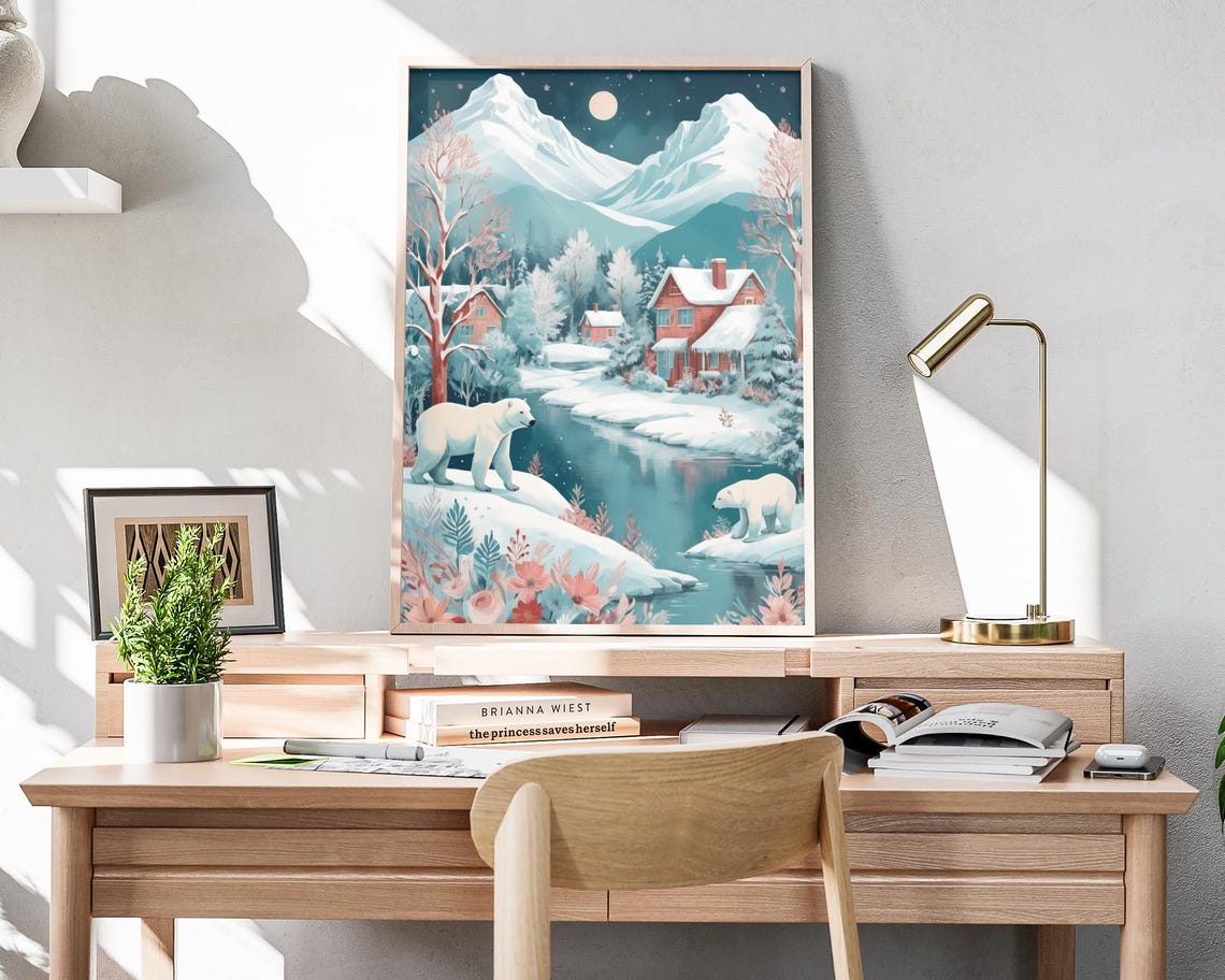 Polar Bears Moonlit Snowy River Cabins Winter Wildlife Poster - Image 4